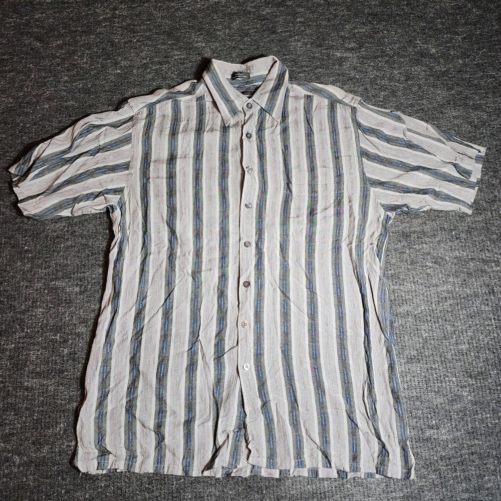 Michael Brandon Mens LT Rayon Short Sleeve Striped Button Up Shirt Grey Blue